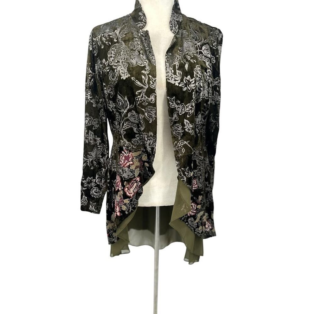 Chicos Jacket Women 1 Medium Olive Burnout Velvet Floral Embroider Boho Regency
